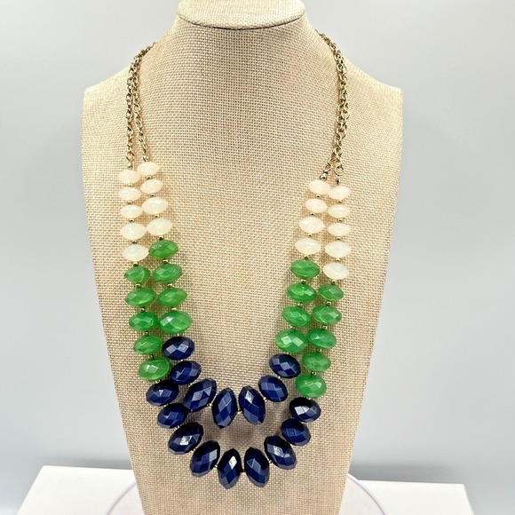The Unbranded Brand Jewelry - Vintage Retro Multi-Strand Beaded Statement Necklace Green Navy White Gold Tone